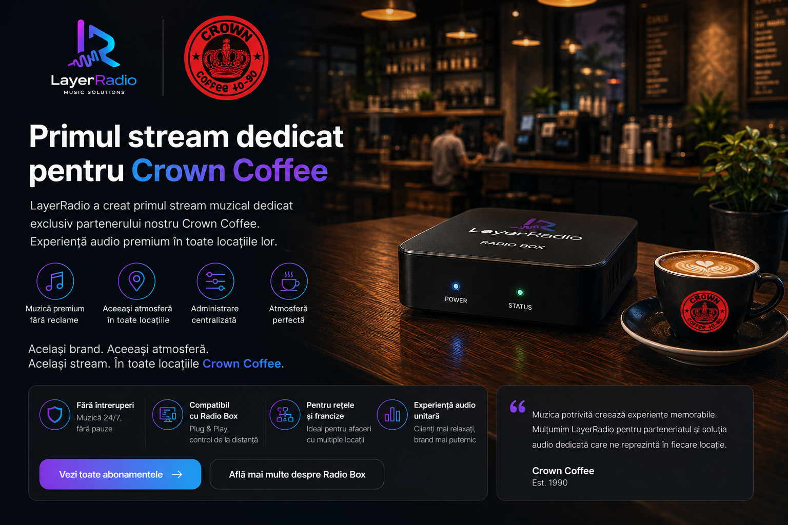 Crown Coffee utilizează primul stream dedicat LayerRadio în toate locațiile sale